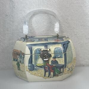 Octagon Wooden Decoupage Box Purse Cargill Victorian Cityscape Market Scene VTG